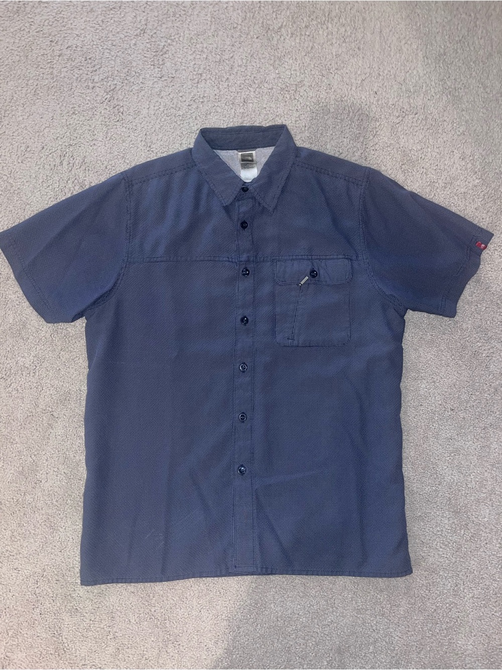 North Face Dark Blue Navy Short Sleeve Button Down Front Pocket Mini Check Grid